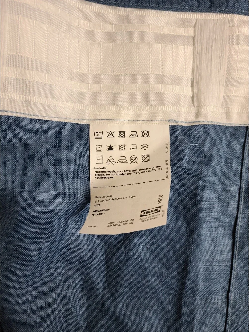IKEA Aina Solid Blue 100% Linen Pair of Curtains 57 X 98